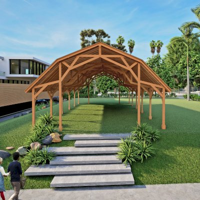 Falcon Wing Pavilion (Options: 60' L x 30' Arc W, California Redwood, 10ft H, Transparent Premium Sealant). Image Shown is a Scaled Rendering.