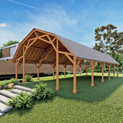 Falcon Wing Pavilion (Options: 60' L x 30' Arc W, California Redwood, 10ft H, Transparent Premium Sealant). Image Shown is a Scaled Rendering.