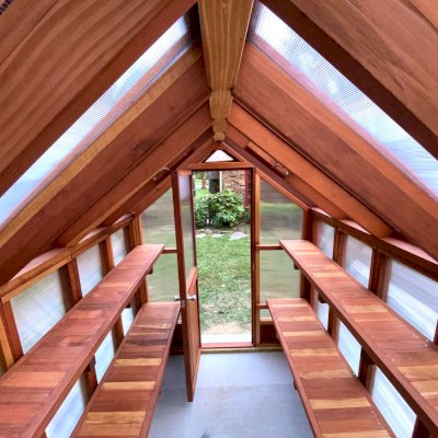 The Forever Hot House (Options: 8 ft L x 6 ft W, California Redwood, 2 shelves long, Transparent Premium Sealant).