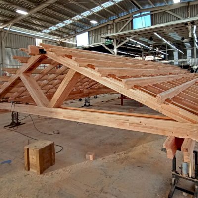 Gable Pergola in Production (Options: 45' L x 20' W, Mosaic Douglas-Fir).