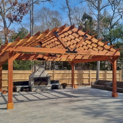 Gable Pergola (Options: 24' L x 20' W, No Wall Privacy Panel, California Redwood, No Fascia Board for Gutters, 10ft Post Height, 3 Electrical Wiring Trim Kit, No Post Decorative Trims, 6-Post Kit for High-Wind, 1 Ceiling Fan Base, No Curtain Rods, Transparent Premium Sealant). Photo Courtesy of J. Jonsson of Osterville, MA.