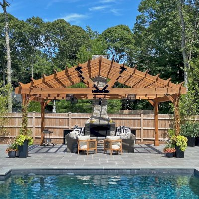 Gable Pergola (Options: 24' L x 20' W, No Wall Privacy Panel, California Redwood, No Fascia Board for Gutters, 10ft Post Height, 3 Electrical Wiring Trim Kit, No Post Decorative Trims, 6-Post Kit for High-Wind, 1 Ceiling Fan Base, No Curtain Rods, Transparent Premium Sealant). Photo Courtesy of J. Jonsson of Osterville, MA.