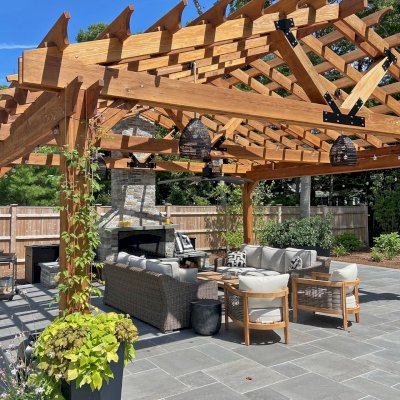 Gable Pergola (Options: 24' L x 20' W, No Wall Privacy Panel, California Redwood, No Fascia Board for Gutters, 10ft Post Height, 3 Electrical Wiring Trim Kit, No Post Decorative Trims, 6-Post Kit for High-Wind, 1 Ceiling Fan Base, No Curtain Rods, Transparent Premium Sealant). Photo Courtesy of J. Jonsson of Osterville, MA.