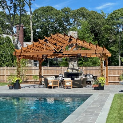 Gable Pergola (Options: 24' L x 20' W, No Wall Privacy Panel, California Redwood, No Fascia Board for Gutters, 10ft Post Height, 3 Electrical Wiring Trim Kit, No Post Decorative Trims, 6-Post Kit for High-Wind, 1 Ceiling Fan Base, No Curtain Rods, Transparent Premium Sealant). Photo Courtesy of J. Jonsson of Osterville, MA.