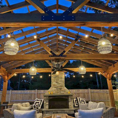 Gable Pergola (Options: 24' L x 20' W, No Wall Privacy Panel, California Redwood, No Fascia Board for Gutters, 10ft Post Height, 3 Electrical Wiring Trim Kit, No Post Decorative Trims, 6-Post Kit for High-Wind, 1 Ceiling Fan Base, No Curtain Rods, Transparent Premium Sealant). Photo Courtesy of J. Jonsson of Osterville, MA.