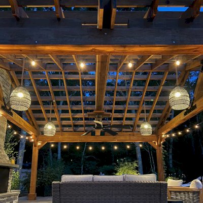 Gable Pergola (Options: 24' L x 20' W, No Wall Privacy Panel, California Redwood, No Fascia Board for Gutters, 10ft Post Height, 3 Electrical Wiring Trim Kit, No Post Decorative Trims, 6-Post Kit for High-Wind, 1 Ceiling Fan Base, No Curtain Rods, Transparent Premium Sealant). Photo Courtesy of J. Jonsson of Osterville, MA.