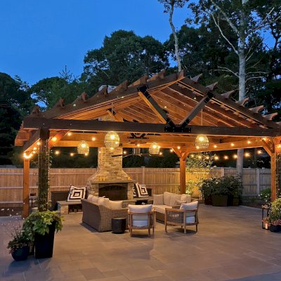 Gable Pergola (Options: 24' L x 20' W, No Wall Privacy Panel, California Redwood, No Fascia Board for Gutters, 10ft Post Height, 3 Electrical Wiring Trim Kit, No Post Decorative Trims, 6-Post Kit for High-Wind, 1 Ceiling Fan Base, No Curtain Rods, Transparent Premium Sealant). Photo Courtesy of J. Jonsson of Osterville, MA.