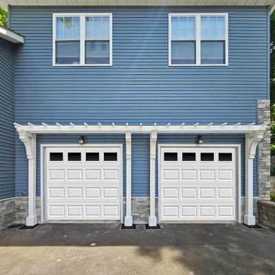 Custom Garage Arbor Kits (Options: 23'-4" x 24", Mosaic Douglas-Fir, 9.5 ft Posts, 6x6 Posts, 4x6 Braces, 6x6 Supports, 2x6 Joists, 2x2 Slats, 15" Slats Spacing, Post Anchor Kit for Concrete, Off-White Oil-Based Primer). Photo Courtesy of P. Paton of Hulmeville, PA.