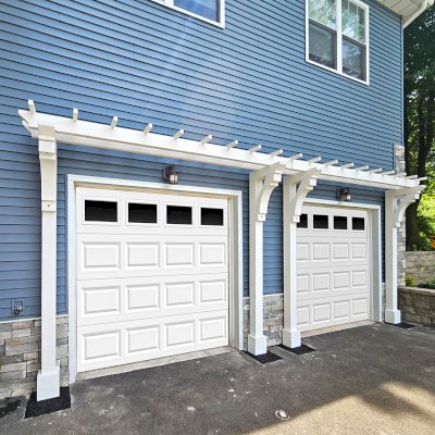 Custom Garage Arbor Kits (Options: 23'-4" x 24", Mosaic Douglas-Fir, 9.5 ft Posts, 6x6 Posts, 4x6 Braces, 6x6 Supports, 2x6 Joists, 2x2 Slats, 15" Slats Spacing, Post Anchor Kit for Concrete, Off-White Oil-Based Primer). Photo Courtesy of P. Paton of Hulmeville, PA.