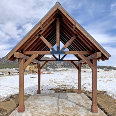 Gothic Pavilion  (Options: 18' L x 14' W, Mature Redwood, 8x8 Posts, 4-Post Anchor Kit for High-Wind, No Electrical Wiring Trims, No Fan Base, Coffee-Stain Premium Sealant). Photo Courtesy of G. Szarameta of Flagstaff, AZ.