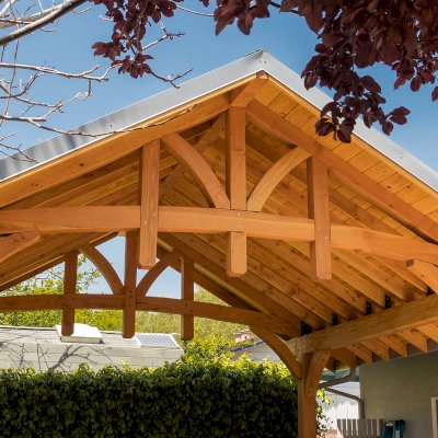 Custom Granada Pavilion (Options: 18 ft L x 20 ft W, Douglas-fir, 4-Post Anchor Kit for High-Wind, Custom End Cuts, Transparent Premium Sealant). Photo Courtesy of J. Woodwin of Fremont, CA.