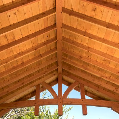 Custom Granada Pavilion (Options: 18 ft L x 20 ft W, Douglas-fir, 4-Post Anchor Kit for High-Wind, Custom End Cuts, Transparent Premium Sealant). Photo Courtesy of J. Woodwin of Fremont, CA.