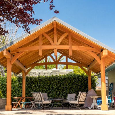 Custom Granada Pavilion (Options: 18 ft L x 20 ft W, Douglas-fir, 4-Post Anchor Kit for High-Wind, Custom End Cuts, Transparent Premium Sealant). Photo Courtesy of J. Woodwin of Fremont, CA.
