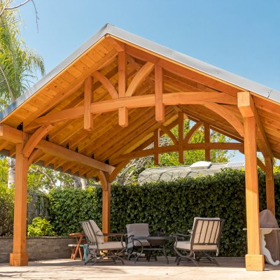 Custom Granada Pavilion (Options: 18 ft L x 20 ft W, Douglas-fir, 4-Post Anchor Kit for High-Wind, Custom End Cuts, Transparent Premium Sealant). Photo Courtesy of J. Woodwin of Fremont, CA.