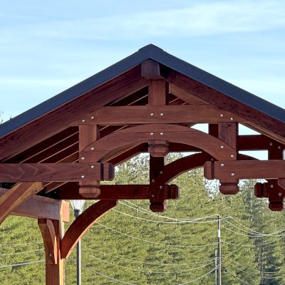 Custom Granada Pavilions (Options: 6in x 6in Posts, 12.5 ft x 12.5 ft, California Redwood, 4-Post Anchor Kit for High-Wind, with Fascia Board, No Curtain Rods, No Ceiling Fan Base, Transparent Premium Sealant). Photo Courtesy of D. Pinkerton of Coeur d'Alene, ID.