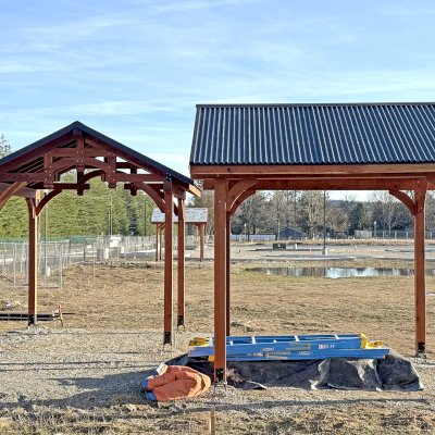 Custom Granada Pavilions (Options: 6in x 6in Posts, 12.5 ft x 12.5 ft, California Redwood, 4-Post Anchor Kit for High-Wind, with Fascia Board, No Curtain Rods, No Ceiling Fan Base, Transparent Premium Sealant). Photo Courtesy of D. Pinkerton of Coeur d'Alene, ID.