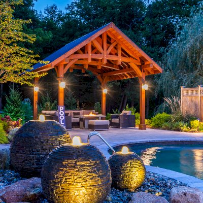Granada Pavilion (Options: 8in x 8in Posts, 18 ft x 18 ft, Douglas-fir, 4-Post Anchor Kit for High-Wind, with Fascia Board, No Curtain Rods, 1 Ceiling Fan Base, Coffee-Stain Premium Sealant). Photo Courtesy of J. Benedetto of Montville, NJ.