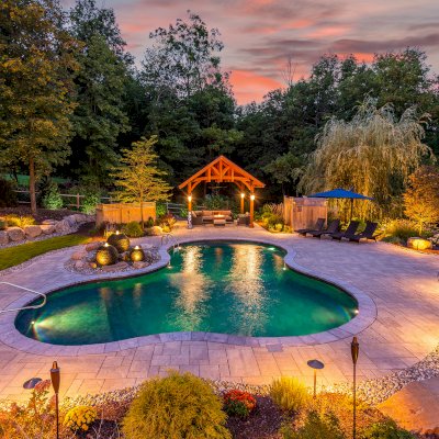 Granada Pavilion (Options: 8in x 8in Posts, 18 ft x 18 ft, Douglas-fir, 4-Post Anchor Kit for High-Wind, with Fascia Board, No Curtain Rods, 1 Ceiling Fan Base, Coffee-Stain Premium Sealant). Photo Courtesy of J. Benedetto of Montville, NJ.