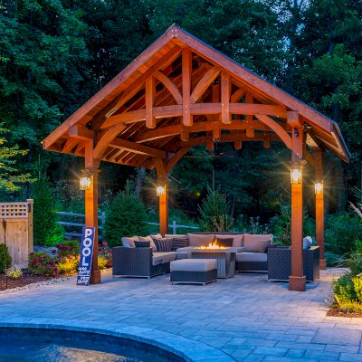 Granada Pavilion (Options: 8in x 8in Posts, 18 ft x 18 ft, Douglas-fir, 4-Post Anchor Kit for High-Wind, with Fascia Board, No Curtain Rods, 1 Ceiling Fan Base, Coffee-Stain Premium Sealant). Photo Courtesy of J. Benedetto of Montville, NJ.