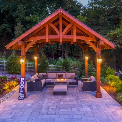 Granada Pavilion (Options: 8in x 8in Posts, 18 ft x 18 ft, Douglas-fir, 4-Post Anchor Kit for High-Wind, with Fascia Board, No Curtain Rods, 1 Ceiling Fan Base, Coffee-Stain Premium Sealant). Photo Courtesy of J. Benedetto of Montville, NJ.