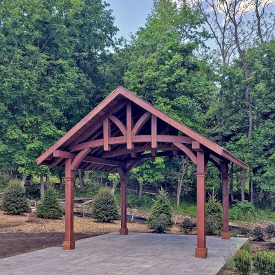 Custom The Granada Pavilion (Options: 8in x 8in Posts, 18 ft x 18 ft, Douglas-fir, 4-Post Anchor Kit for High-Wind, with Fascia Board, No Curtain Rods, 1 Ceiling Fan Base, Coffee-Stain Premium Sealant). Photo Courtesy of J. Benedetto of Montville, NJ.