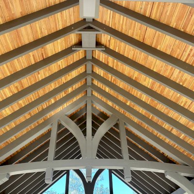 Custom Granada Pavilion (Options: 30’ L x 20’ W, Mosaic Douglas-Fir, Increased Roof Pitch From 7/12 to 10/12 by Custom Request, Post Anchor Kit for High Wind, No Electrical Wiring Trim Kit, 2 Ceiling Fan Bases, Custom Finish [Transparent Premium Sealant for Roof Boards]), Photo Courtesy of K. Kremer of Chico, CA.