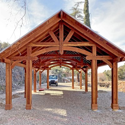 Cardinal's Nest Pavilion (Options: 40' L x 20' W, California Redwood, Standard 11/16in Tongue & Groove Roofing, with 1 Fascia Board, 9' H Posts, 2 Electrical Wiring Trim Kits, Vertical Post Decorative Trims, Post Anchor Kit for High Wind, 2 Fan Bases, Transparent Premium Sealant). Photo Courtesy of K. Kolcuski of Petoskey, MI.