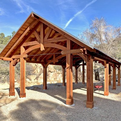 Cardinal's Nest Pavilion (Options: 40' L x 20' W, California Redwood, Standard 11/16in Tongue & Groove Roofing, with 1 Fascia Board, 9' H Posts, 2 Electrical Wiring Trim Kits, Vertical Post Decorative Trims, Post Anchor Kit for High Wind, 2 Fan Bases, Transparent Premium Sealant). Photo Courtesy of K. Kolcuski of Petoskey, MI.