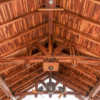 Custom Granada Pavilion (Options: 20 ft x 15 ft, Mosaic Redwood, 4-Post Anchor Kit for High-Wind, No Fascia Board, No Curtain Rods, 3 Ceiling Fan Bases, Transparent Premium Sealant). Shake from DaVinci Roof [https://www.davinciroofscapes.com/]. Photo Courtesy of K. Lowe of Newcastle, Oklahoma.