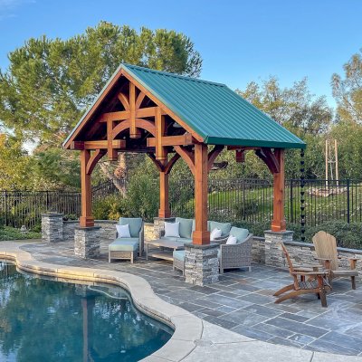 Custom Granada Pavilion (Options: 12’ L x 16’ W, California Redwood, 4-Post Anchor Kit for High Wind, Electrical Wiring Trim Kit for 1 Post, 1 Ceiling Fan Base, Transparent Premium Sealant), Photo Courtesy of S. Moore of Shingle Springs, California.