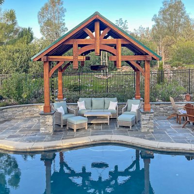 Custom Granada Pavilion (Options: 12’ L x 16’ W, California Redwood, 4-Post Anchor Kit for High Wind, Electrical Wiring Trim Kit for 1 Post, 1 Ceiling Fan Base, Transparent Premium Sealant), Photo Courtesy of S. Moore of Shingle Springs, California.
