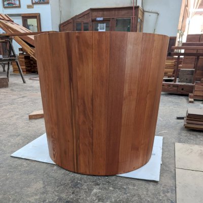 The Half Barrel Planter in Production (Options: 30" D x 28" H, Mature Redwood, No Growing Vegetables, Interior and Exterior of Box with Sealant [No Growing Vegetables], Transparent Premium Sealant). 