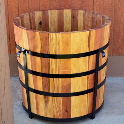 The Half Barrel Planters (Options: California Redwood, Interior and Exterior of Box with Sealant [No Growing Vegetables], Transparent Premium Sealant). 