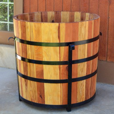 The Half Barrel Planters (Options: California Redwood, No Growing Vegetables, Interior and Exterior of Box with Sealant [No Growing Vegetables], Transparent Premium Sealant). 