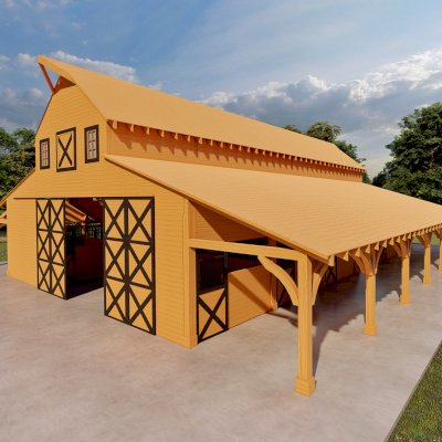 Heavenly Horse Barndominium  (Options: 74' L x 63' W). Image shown is a scaled rendering.