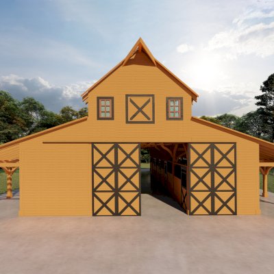 Heavenly Horse Barndominium  (Options: 74' L x 63' W). Image shown is a scaled rendering.