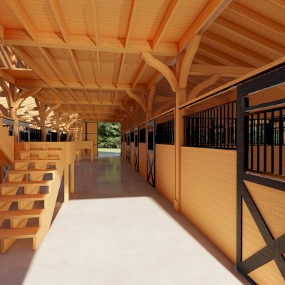 Heavenly Horse Barndominium (Options: 74' L x 63' W). Image shown is a scaled rendering. (interior view with ladders).