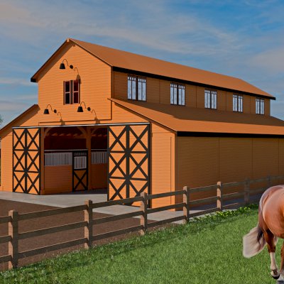 Heavenly Horse Barndominium  (Options: 62' L x 42' W). Image shown is a scaled rendering.