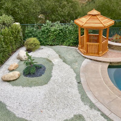 Hexagonal Retreat Pavilion (Options: Custom 7.5' Diameter, Add a Deck, Douglas-fir, 7' H Posts, 6-Post Anchor Kit for Concrete, With Upper and Lower Panels, Transparent Premium Sealant). Photo Courtesy of P. Redmond of Coto De Caza, CA. 