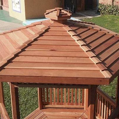 Aerial View: Hexagonal Retreat Pavilion (Options: 8' Diameter, Deck, Mature Redwood, With Upper and Lower Panels, Transparent Premium Sealant).
