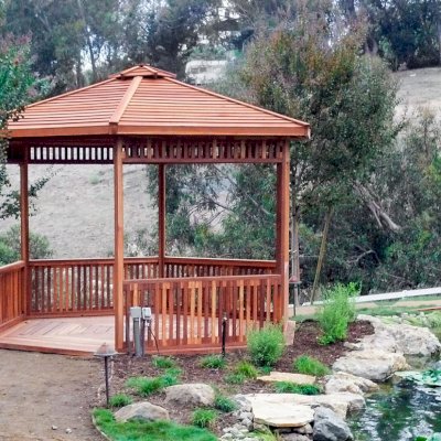 Hexagonal Retreat Pavilion (Options: 14' Diameter, Add a Deck, California Redwood, With Upper and Lower Panels, Transparent Premium Sealant).