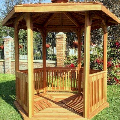 Hexagonal Retreat Pavilion (Options: 8' Diameter, Add a Deck, California Redwood, With Upper Corvels and Lower Panels, Transparent Premium Sealant).