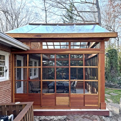 Custom Illuminati Pavilion (Options: 13’-4’’ L x 18’-6’’ W, California Redwood, Enclosed by Custom Request, 11’ Post Height, Standard Post Anchor Kit, 1 Ceiling Fan base, Wooden Cover for Gutter, Transparent Premium Sealant). Photo Courtesy of P. Morris of Seven Corners, VA.