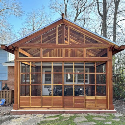 Custom Illuminati Pavilion (Options: 13’-4’’ L x 18’-6’’ W, California Redwood, Enclosed by Custom Request, 11’ Post Height, Standard Post Anchor Kit, 1 Ceiling Fan base, Wooden Cover for Gutter, Transparent Premium Sealant). Photo Courtesy of P. Morris of Seven Corners, VA.