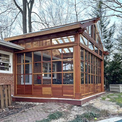 Custom Illuminati Pavilion (Options: 13’-4’’ L x 18’-6’’ W, California Redwood, Enclosed by Custom Request, 11’ Post Height, Standard Post Anchor Kit, 1 Ceiling Fan base, Wooden Cover for Gutter, Transparent Premium Sealant). Photo Courtesy of P. Morris of Seven Corners, VA.