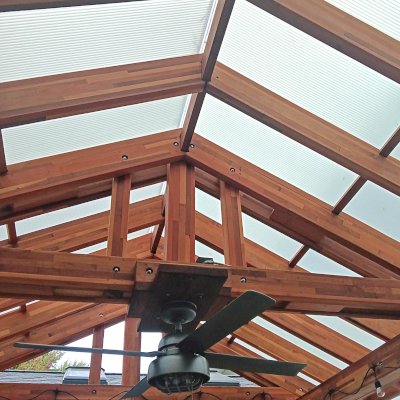 Illuminati Pavilion (Options: 15' L, 12' W, Mosaic Redwood, Unattached, Electrical Wiring Trim for 1 Post, 4-Post Anchor Kit for High-Wind, 1 Ceiling Fan Base, No Privacy Panels, No Curtain Rods, 9.5' Post Height, with Fascia Boards, Transparent Premium Sealant). Photo Courtesy of R. Pittenger of Troy, OH.