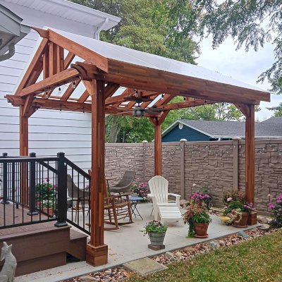 Illuminati Pavilion (Options: 15' L, 12' W, Mosaic Redwood, Unattached, Electrical Wiring Trim for 1 Post, 4-Post Anchor Kit for High-Wind, 1 Ceiling Fan Base, No Privacy Panels, No Curtain Rods, 9.5' Post Height, with Fascia Boards, Transparent Premium Sealant). Photo Courtesy of R. Pittenger of Troy, OH.
