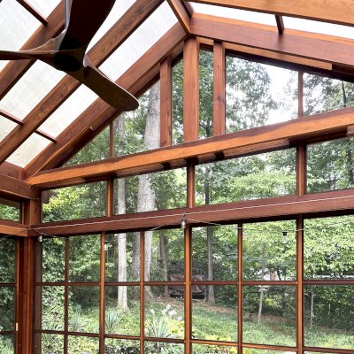 Custom Illuminati Pavilion (Options: 13’-4’’ L x 18’-6’’ W, California Redwood, Enclosed by Custom Request, 11’ Post Height, Standard Post Anchor Kit, 1 Ceiling Fan base, Wooden Cover for Gutter, Transparent Premium Sealant). Photo Courtesy of P. Morris of Seven Corners, VA.