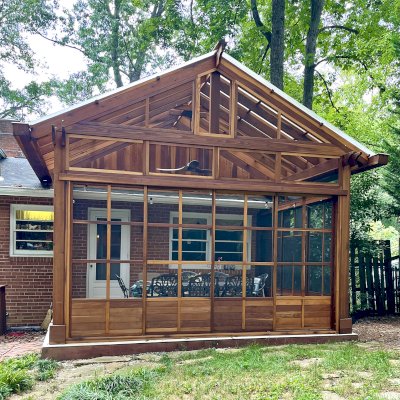 Custom Illuminati Pavilion (Options: 13’-4’’ L x 18’-6’’ W, California Redwood, Enclosed by Custom Request, 11’ Post Height, Standard Post Anchor Kit, 1 Ceiling Fan base, Wooden Cover for Gutter, Transparent Premium Sealant). Photo Courtesy of P. Morris of Seven Corners, VA.