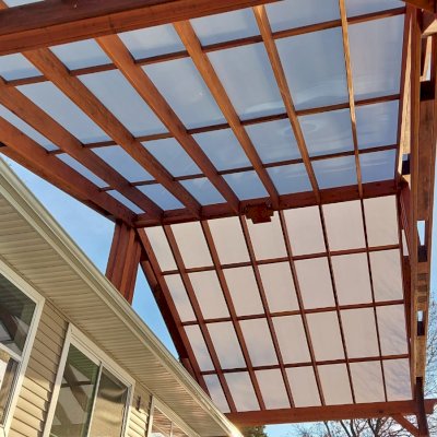 Custom Illuminati Porch Pavilion (Options: 30' L, 14' W, California Redwood, No Electrical Wiring Trim, 2-Post Anchor Kit for High-Wind, 1 Ceiling Fan Base, No Privacy Panels, No Curtain Rods, 16' Post Height by Custom Request, Transparent Premium Sealant).